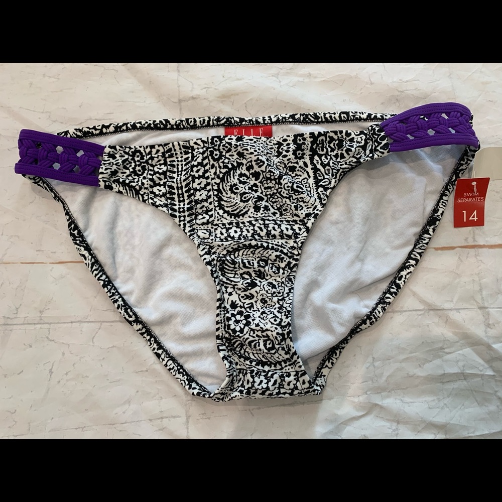 Elle Women’s Bikini Bottom Black White Purple Side Sz 14 NWT Geometric